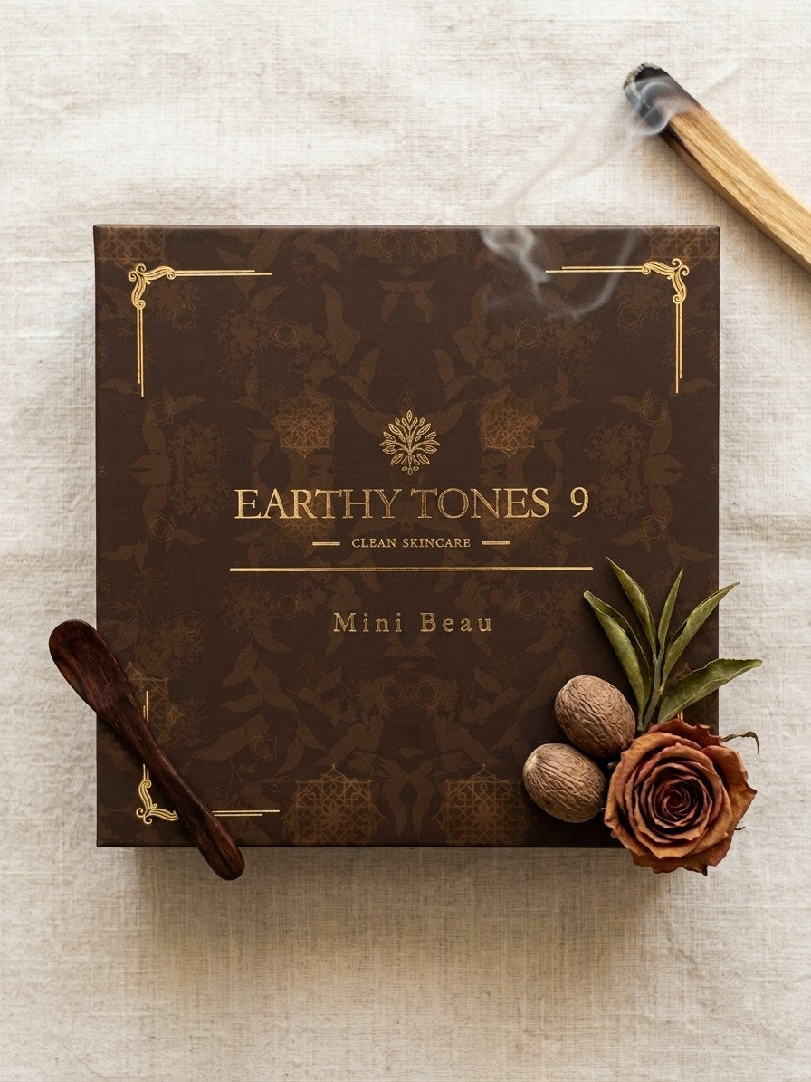 Brown skincare product gift box labelled 'Earthy Tones 9' with decorative elements on a light background.