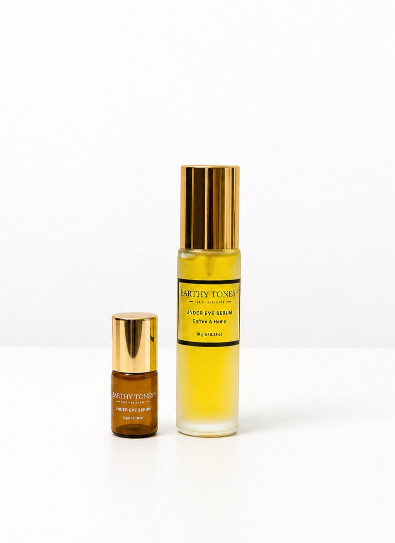 Earthy Tones 9 Two bottles of under eye serum in 10ml & 2 ml on a white background
