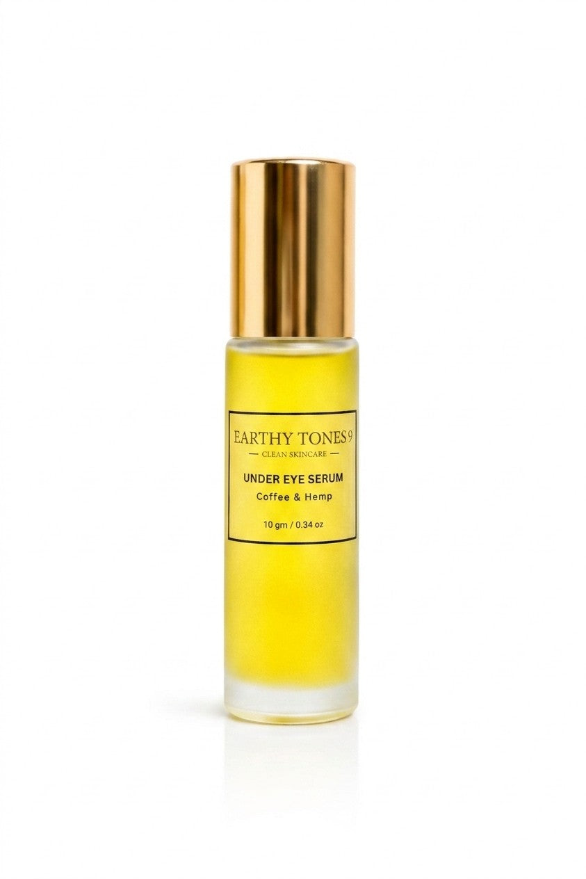 Earthy Tones 9 eye serum bottle with gold cap on a white background