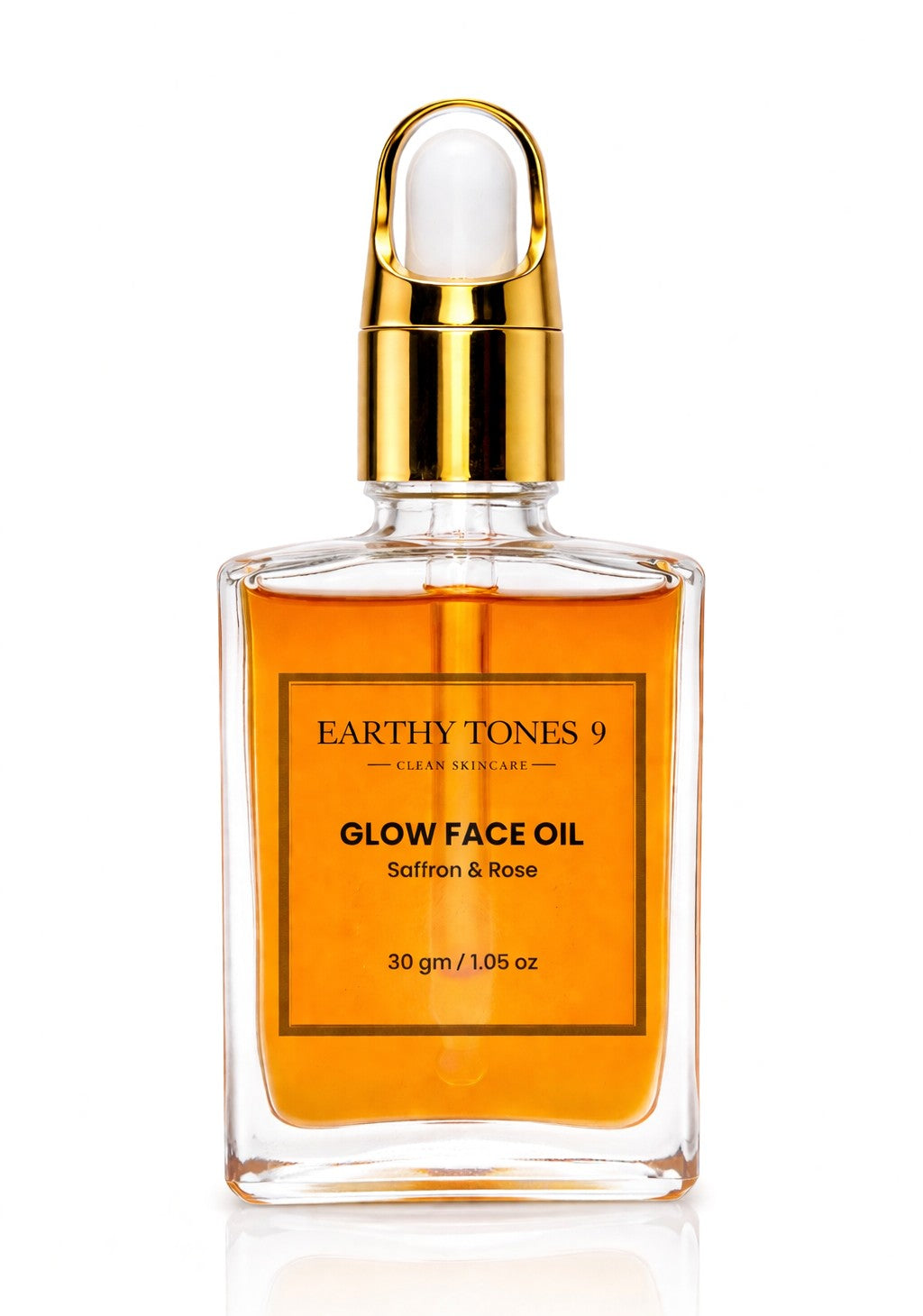 Earth Tones 9 glow face oil 30ml bottle with gold cap on a white background