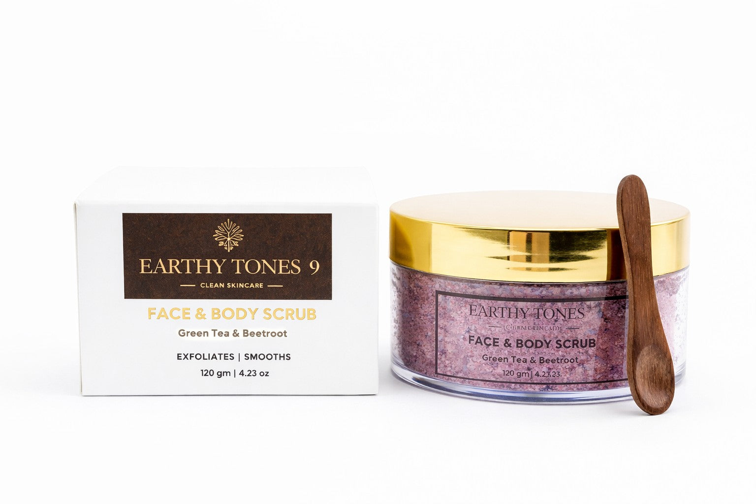 Earthy Tones 9 green tea & beetroot face and body scrub with packaging on a white background