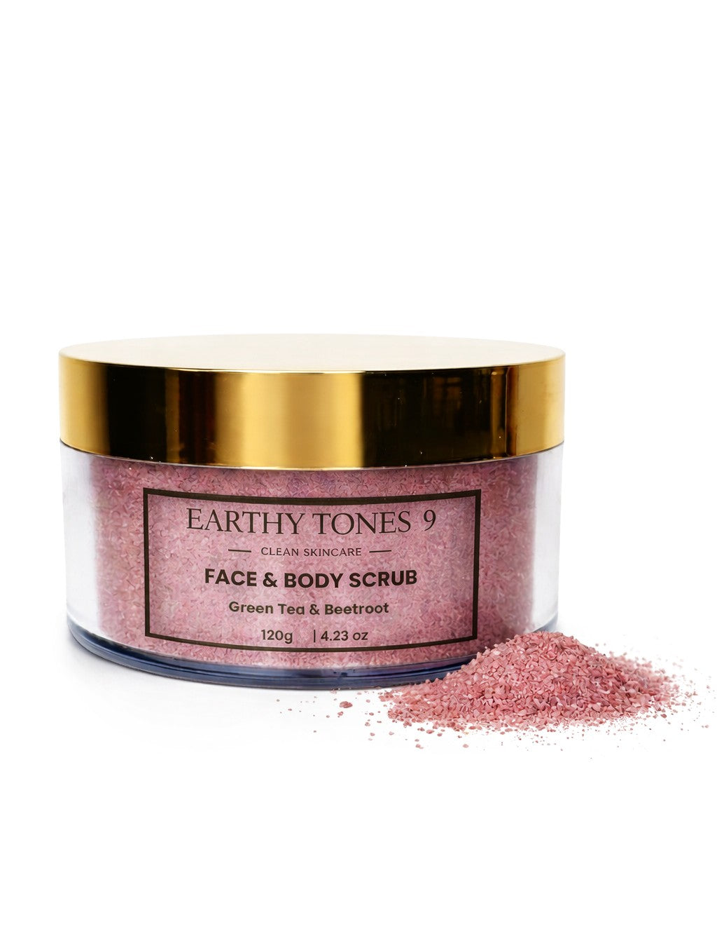 Earthy Tones 9 green tea & beetroot face and body scrub 120g jar with gold lid.
