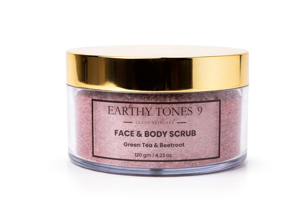 Earthy Tones 9 face & body scrub 120g jar with gold lid on a white background