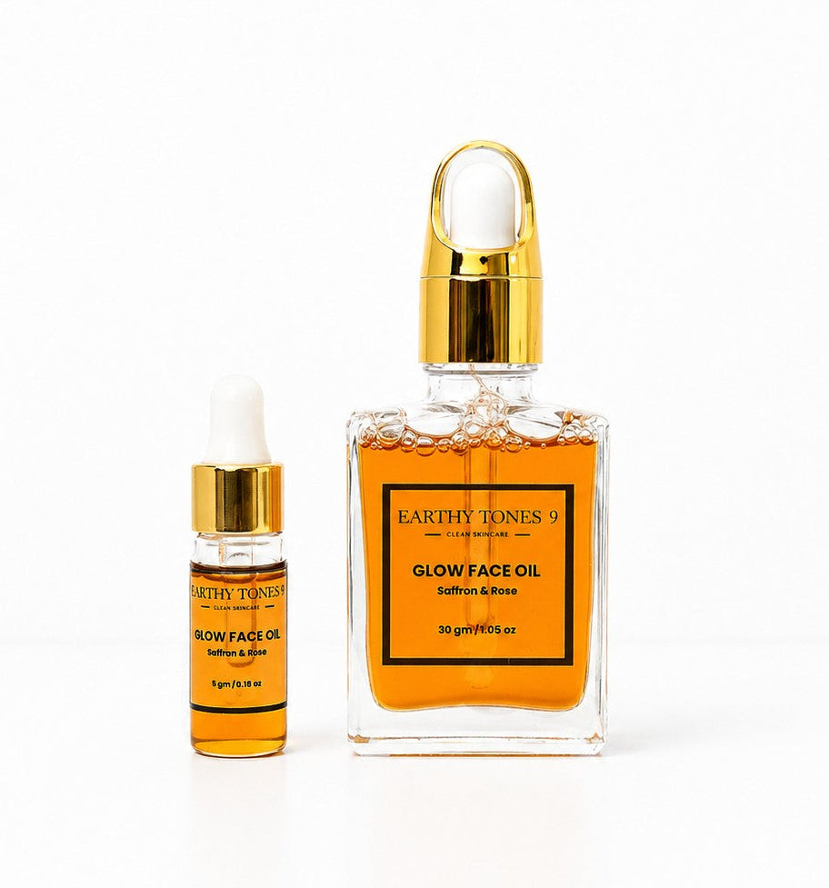Earthy Tones 9 glow face oil 30ml & 5ml two bottles on white background