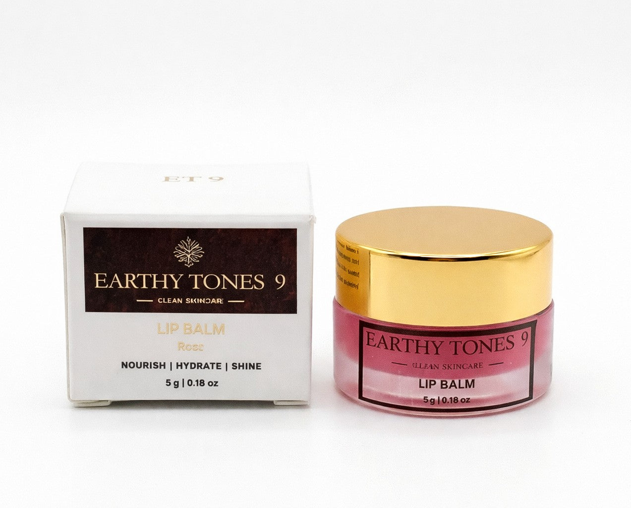 Earthy Tones 9 lip balm 5g jar with packaging on a white background