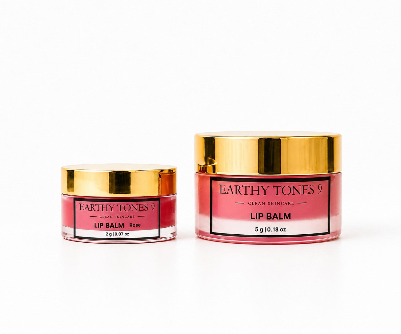 Earthy Tones 9 lip balm 5g & 2g jars with gold lids on a white background