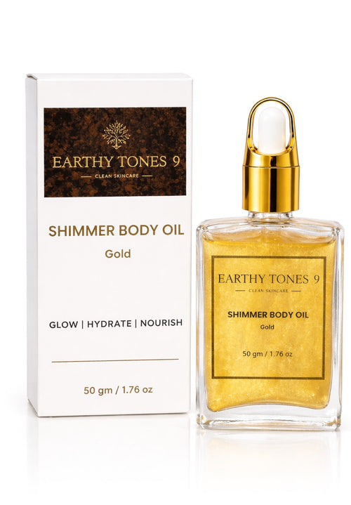 Earthy Tones 9 Shimmer Body Oil 50ml with packaging on a white background