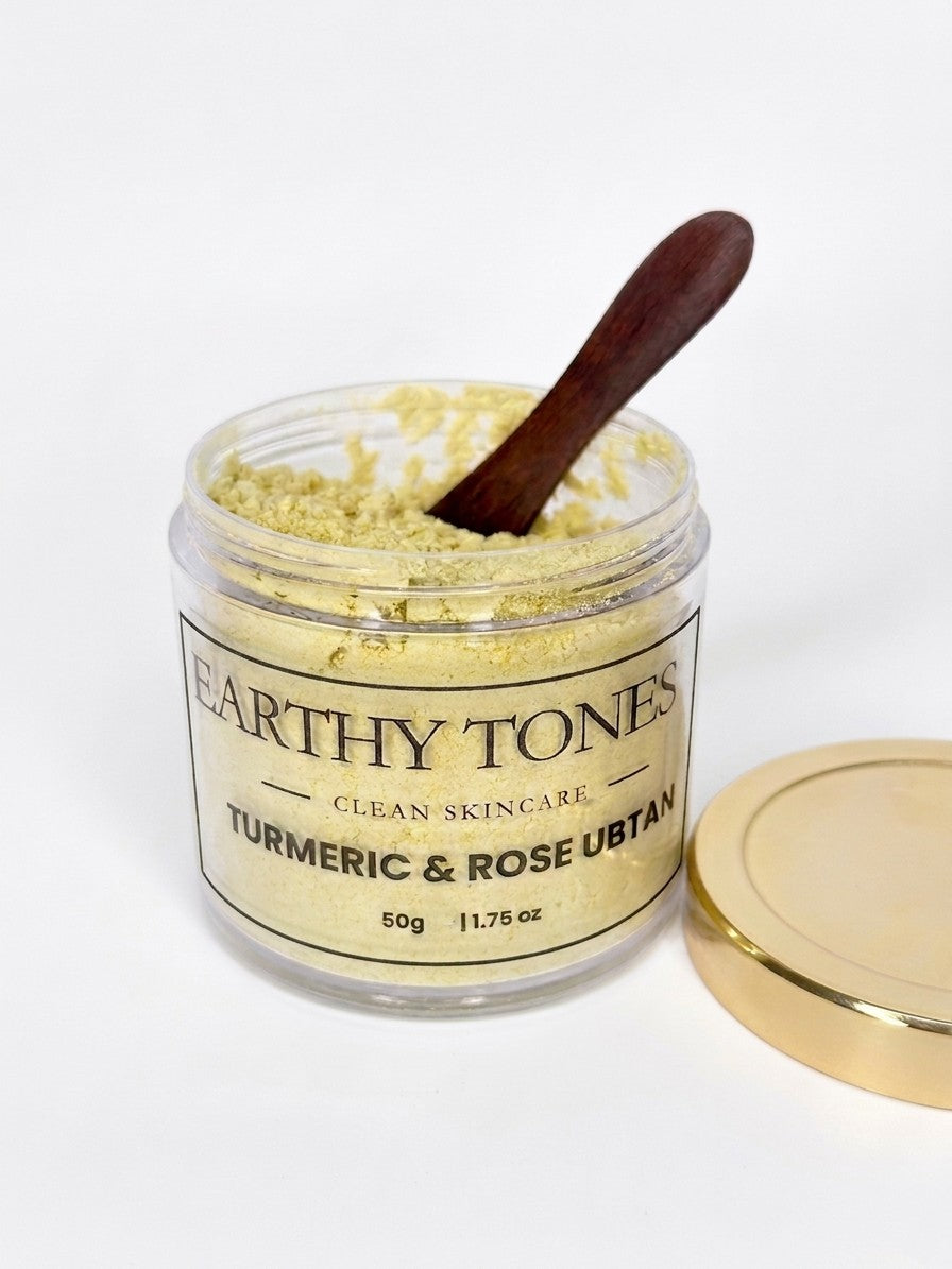 Earthy Tones 9 Turmeric & Rose Ubtan (facemask) 50g jar with lid open 