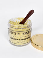 Earthy Tones 9 Turmeric & Rose Ubtan (facemask) 50g jar with lid open 