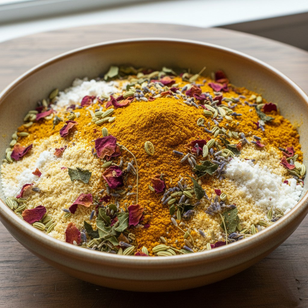 Earthy Tones 9 Turmeric & Rose ubtan powder mixture in a bowl. 