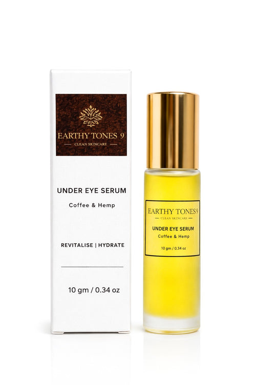 Earthy Tones 9 under eye serum bottle and packaging on a white background